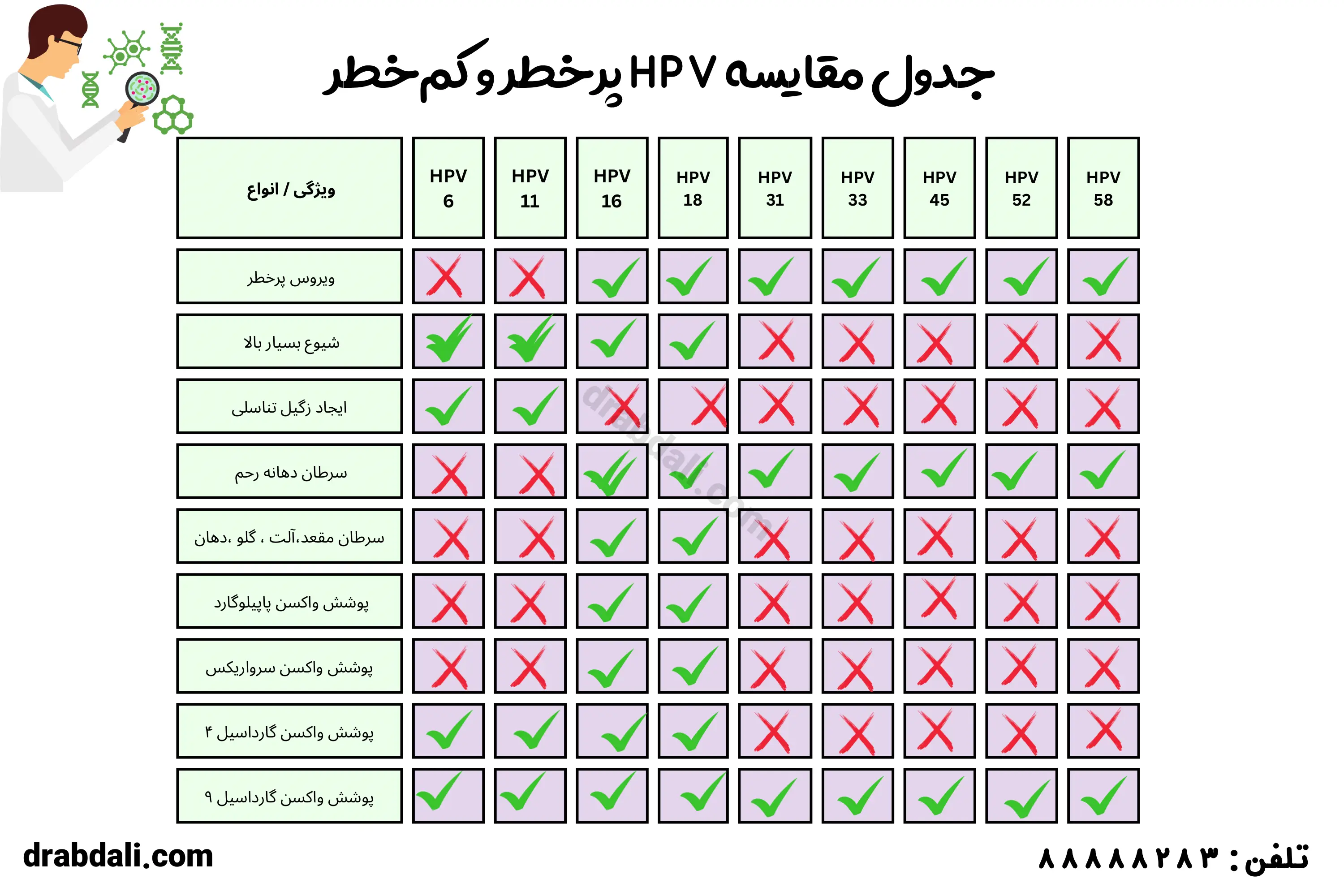 اینفوگرافی انواع hpv و واکسیناسیون آنها